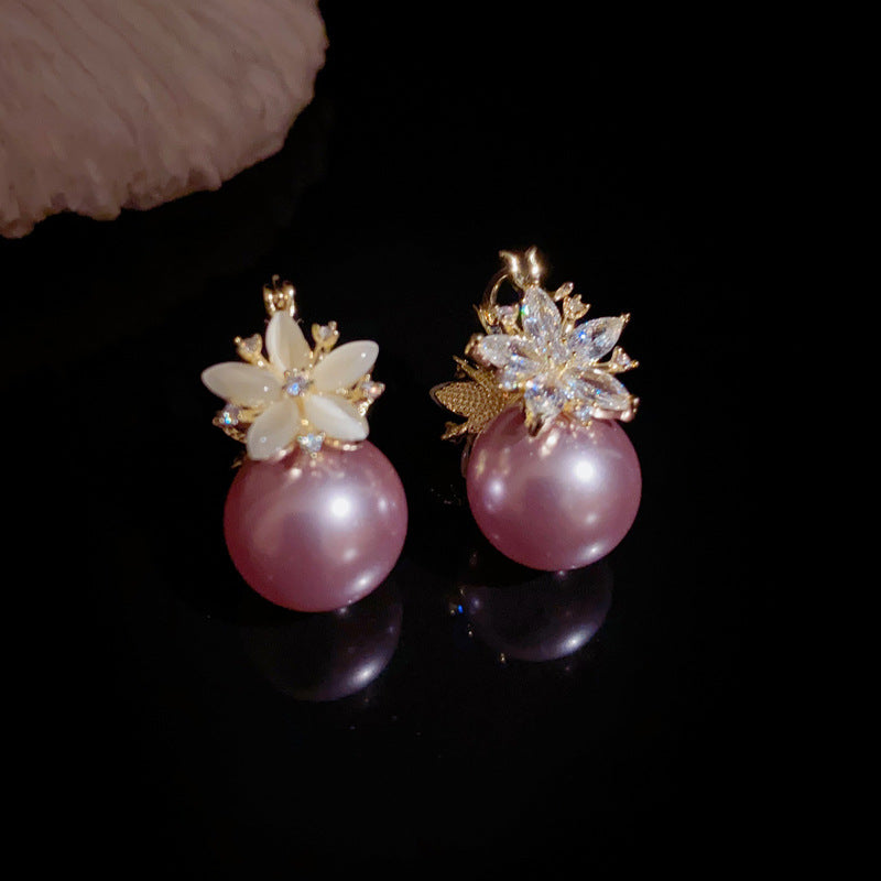 A246  Elegant Versatile Purple Pearl Double-Sided Flower Ear Clips, Minimalist Luxury 2-Way Fashion Earrings for Women