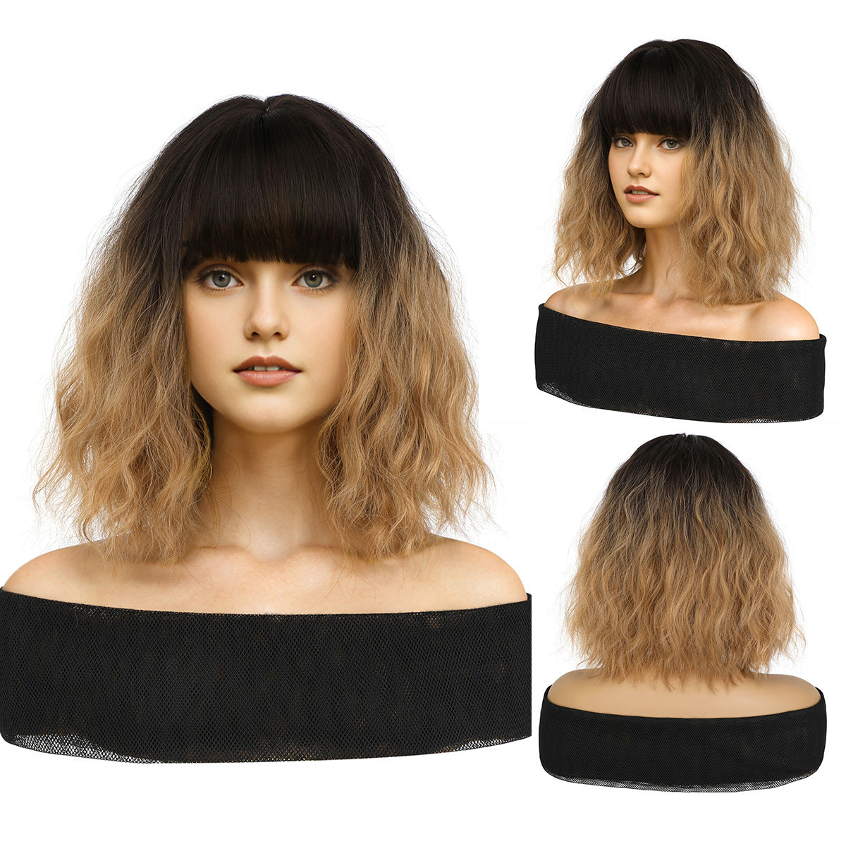 Black Brown Shoulder Wavy Bob Wig with Bangs