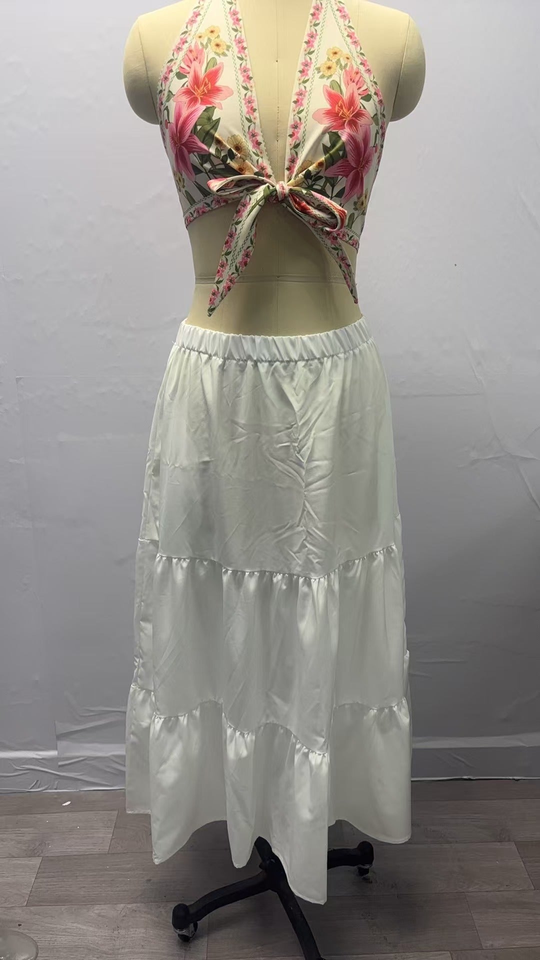 A367  Women's Summer Bohemian Pleated A-Line Flowy Layered Skirt with Pockets
