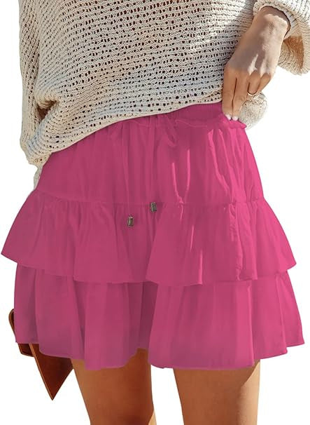 A370  Ladies Flowy Tiered Ruffle Mini Skirt High Waist Tie Waist Bohemian Skirt For Outdoor Vacation