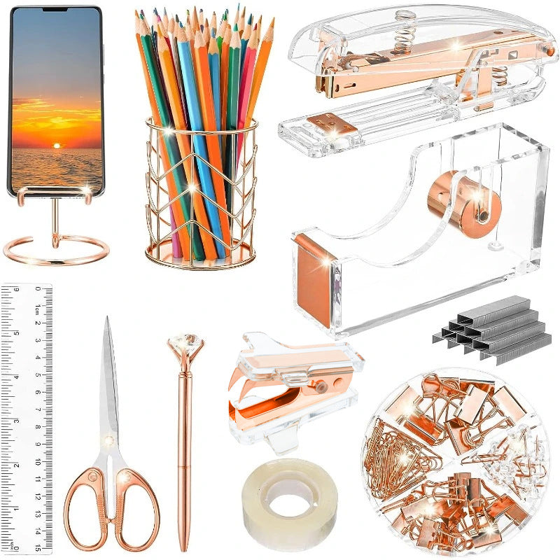 Rose Gold and Gold-Plated Office Desk Accessory Set, including an acrylic stapler set, staple remover, tape dispenser, 2 ballpoint pens, scissors, file folder, paper clips, staples, and storage box.