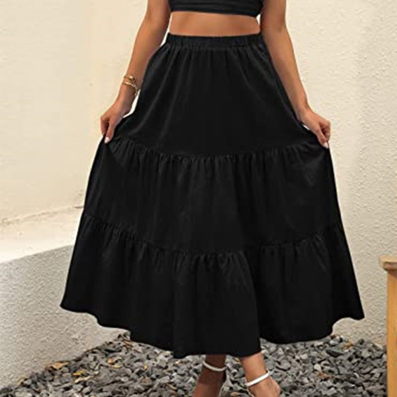 A367  Women's Summer Bohemian Pleated A-Line Flowy Layered Skirt with Pockets