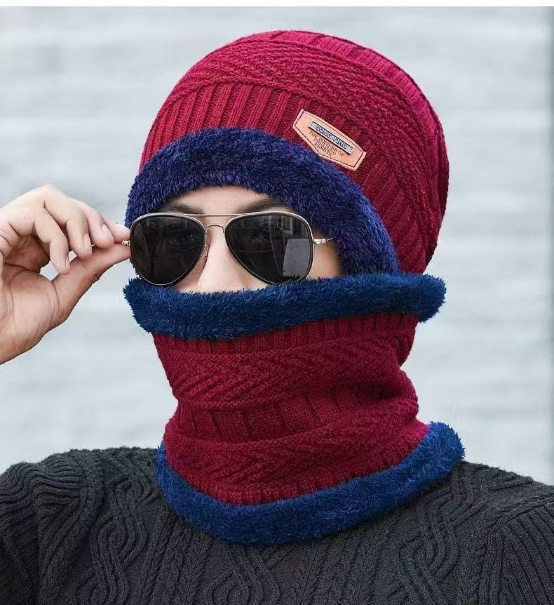 A290  Winter Hat Set with Ear Flaps and Fleece Lining Thickened Knit Hat and Scarf Two-Piece Set Autumn/Winter Wool Hat