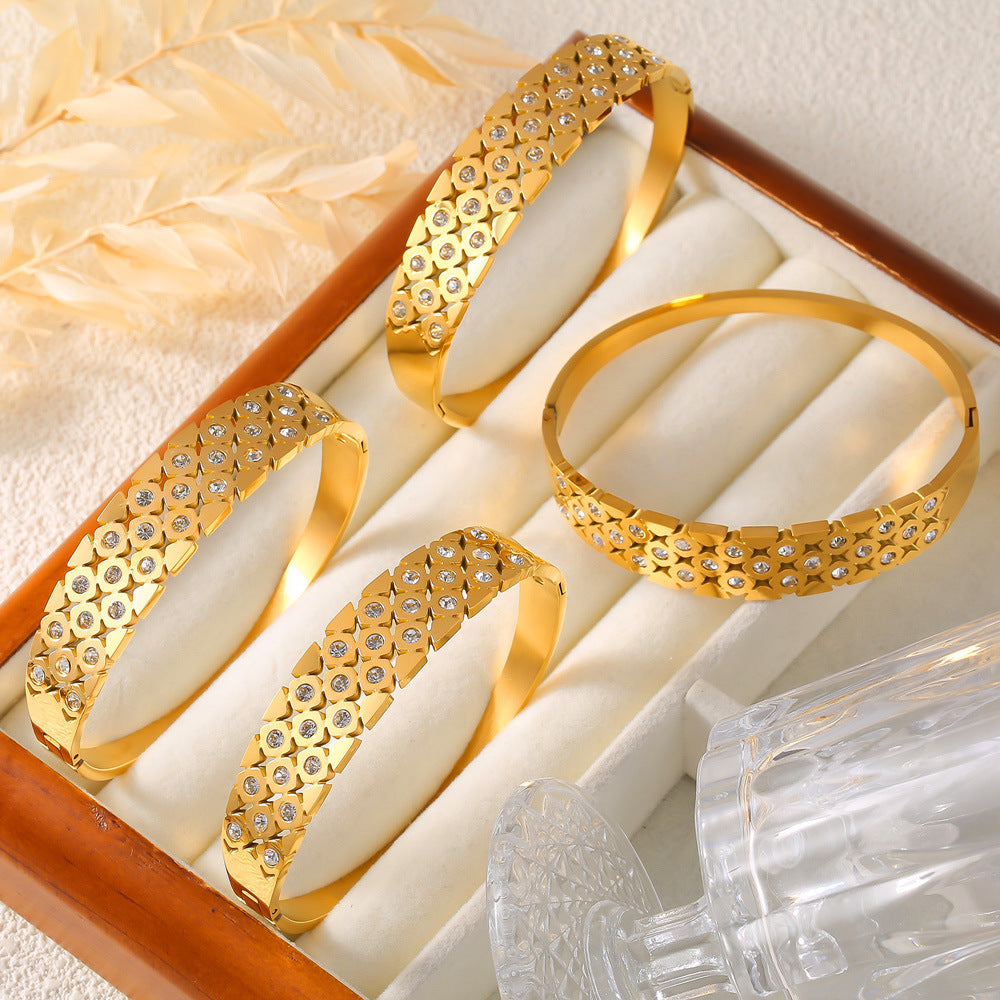 Chic Minimalist Geometric Hollow Bangle Titanium Steel Gold Plated Zircon Inlaid Elegant Fashion Jewelry Gift for Women