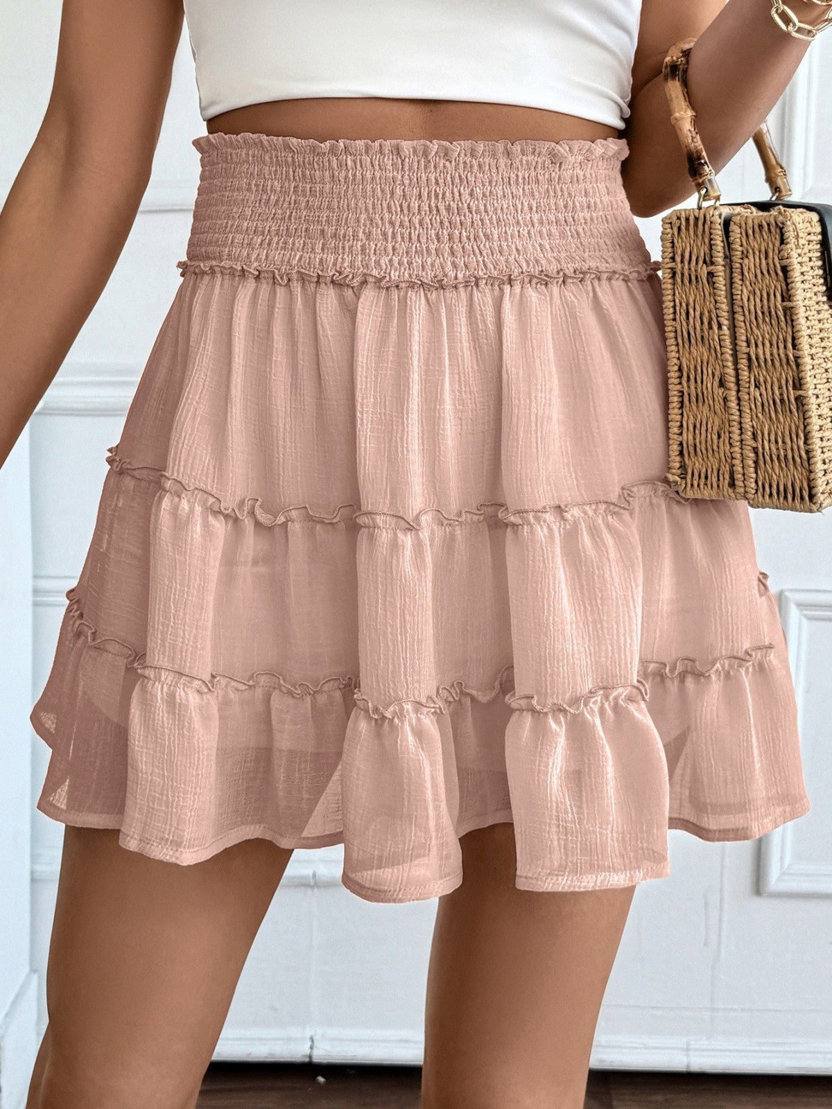 A368  Bohemian Tiered Ruffle Skirt For Women Elastic High Waist Flowy Swing Maxi Skirt Casual Vacation Wear