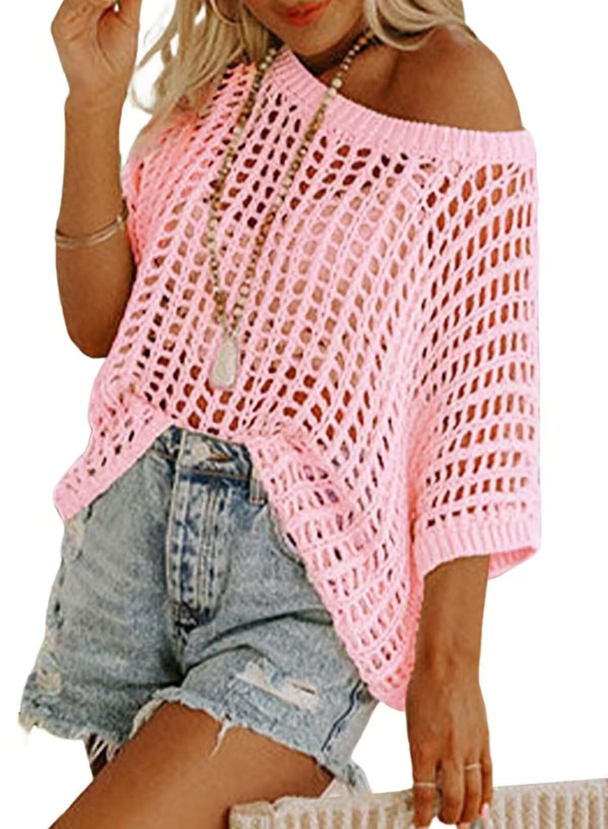 Women Hollow Out Knit Cover Up Top, Half Sleeve Mesh Beach Sweater, Off Shoulder Sheer Swim Cover Blouse