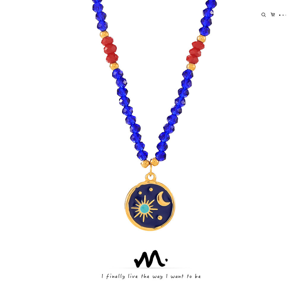 Starry Sky Glazed Titanium Steel Pendant Necklace, Blue Red Crystal Handmade Woven Unique Design Jewelry for Women