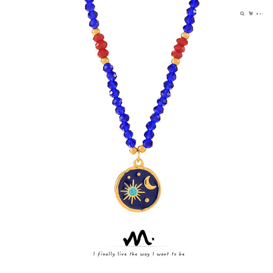 Starry Sky Glazed Titanium Steel Pendant Necklace, Blue Red Crystal Handmade Woven Unique Design Jewelry for Women