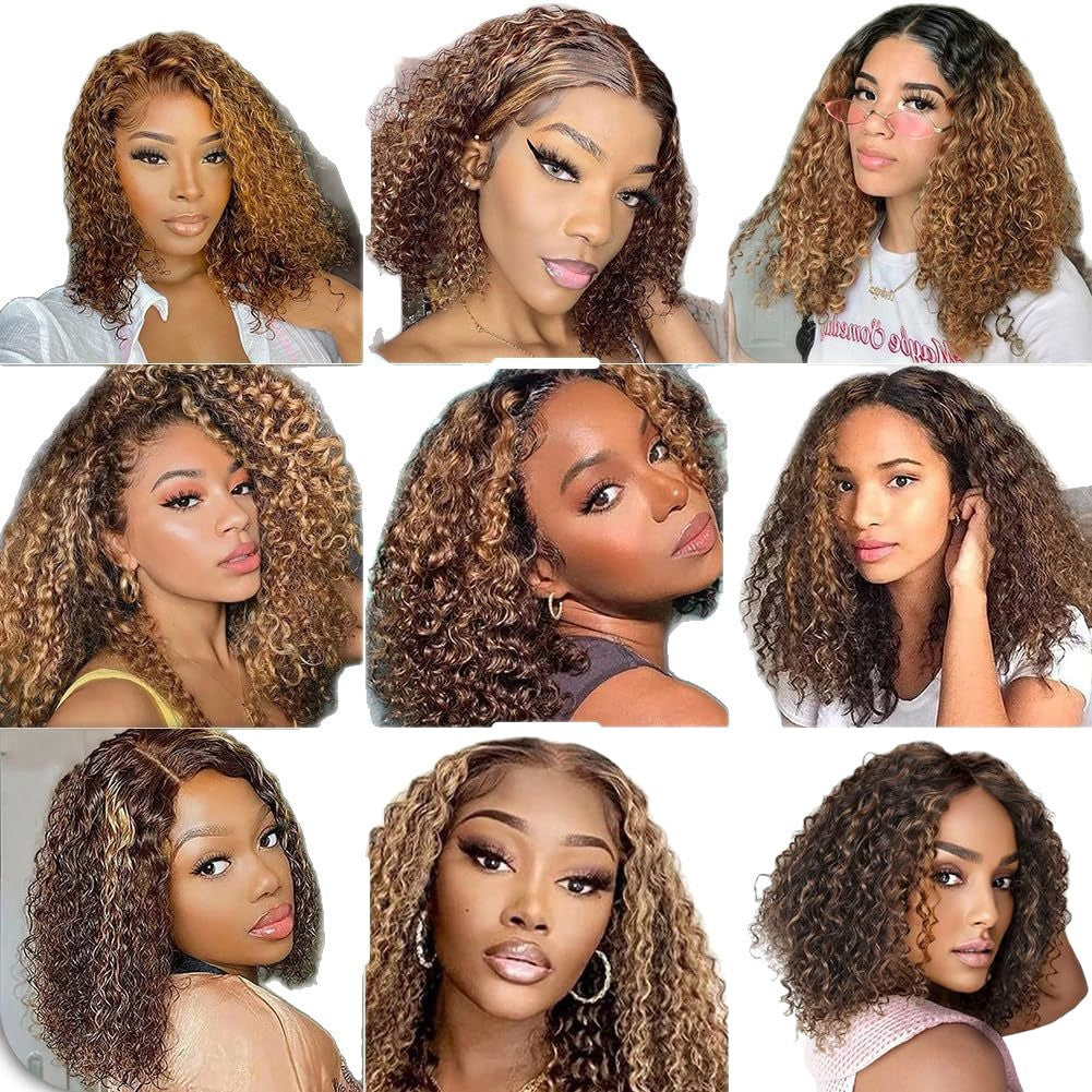 Brown Highlight Short Kinky Curly Synthetic Wig, Fluffy African Coily Wig for Black Women Daily Wear