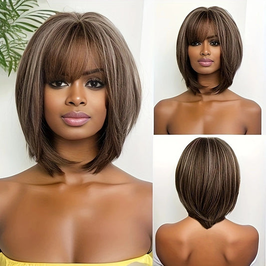 A279  Fashion Women Short Straight Bob Wig, Air Bangs Ear-Hang Color, Rose Net Clavicle Wig