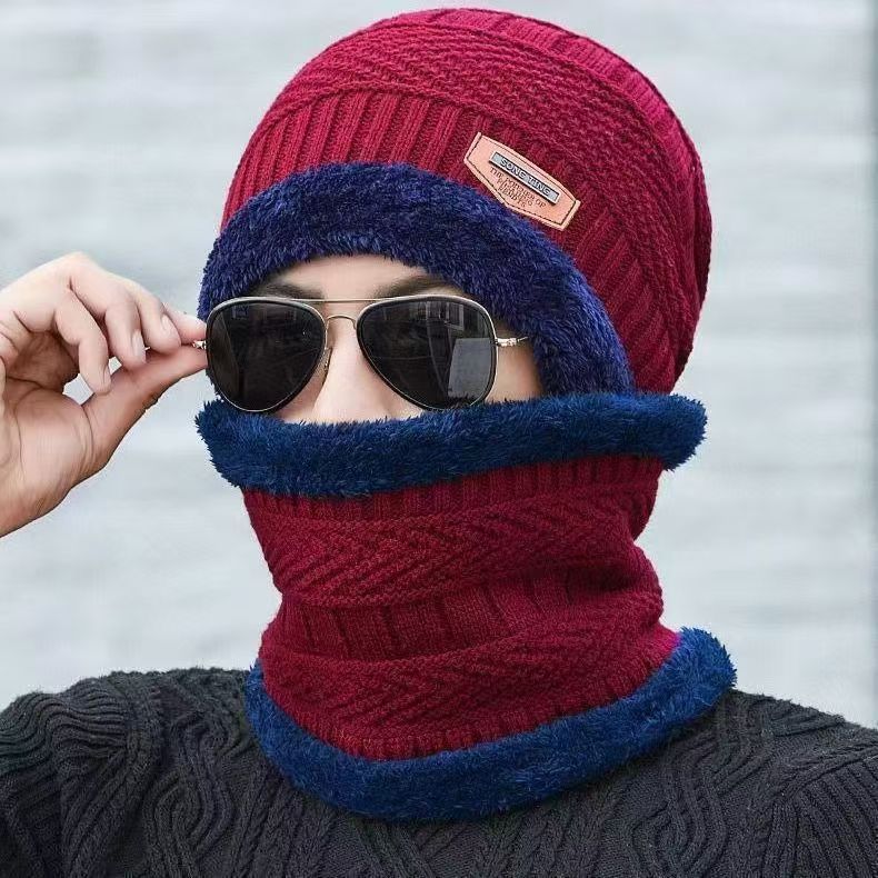 A290  Winter Hat Set with Ear Flaps and Fleece Lining Thickened Knit Hat and Scarf Two-Piece Set Autumn/Winter Wool Hat