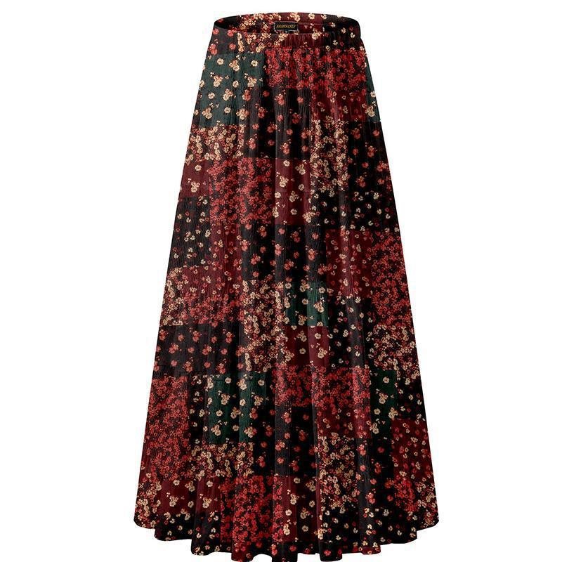 Women Floral Print Chiffon Maxi Skirt, Elastic High Waist Pleated A-Line Flared Long Skirt