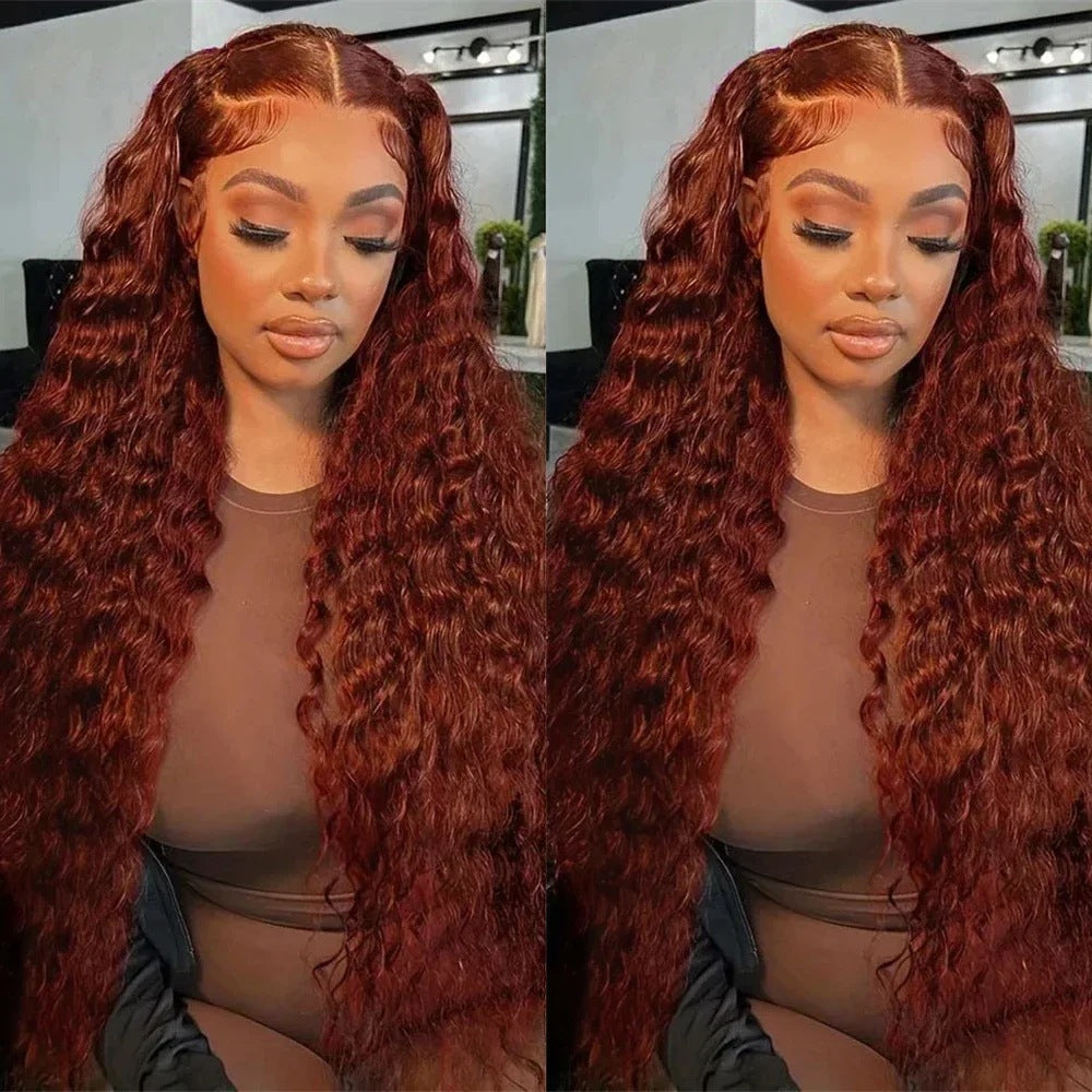 A222  Reddish Brown Water Wave Lace Front Wig, African Women Long Curly Heat Resistant Wig