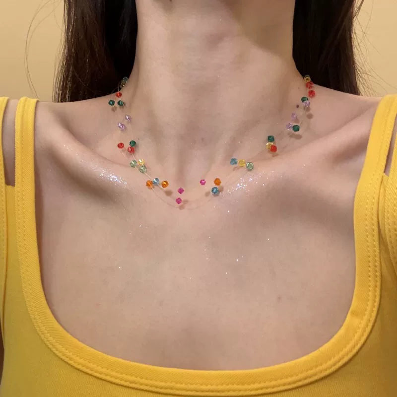 A289  【Sweet Summer Fantasy】Dopamine-Hued Crystal Bead Necklace: Designer Collar Chain Accessory