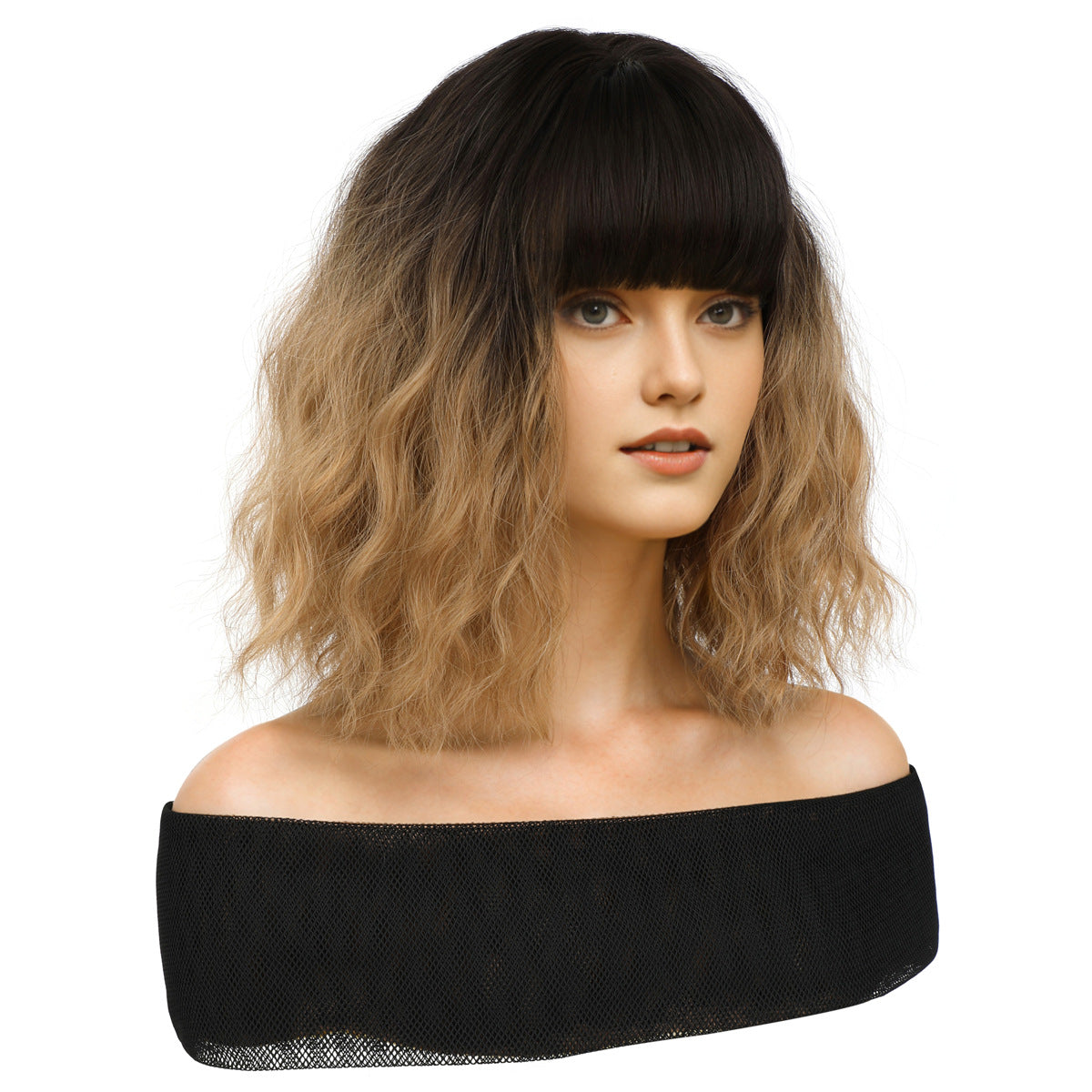 Black Brown Shoulder Wavy Bob Wig with Bangs