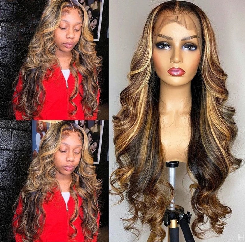 A276  Middle Part Long Curly Body Wave Lace Front Wig, 30 Inch Machine Made Net Full Wig