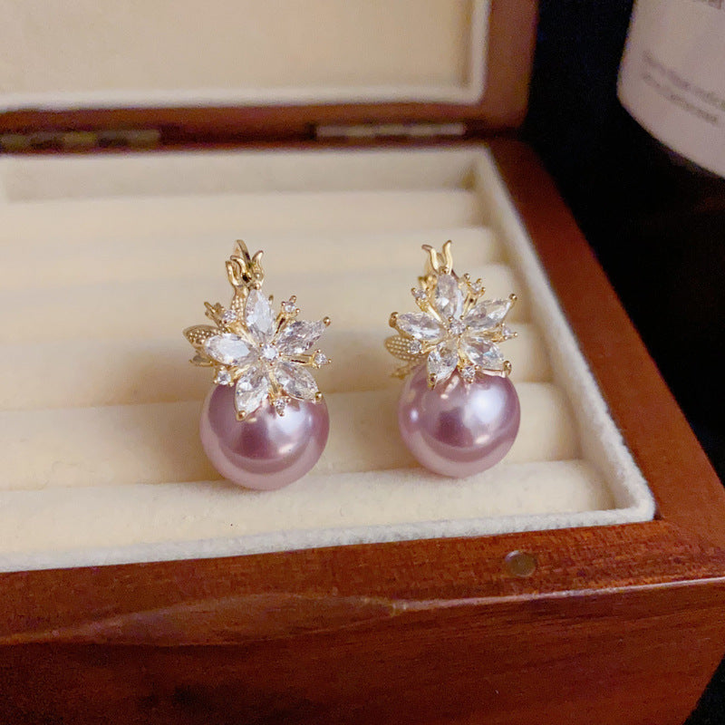 A246  Elegant Versatile Purple Pearl Double-Sided Flower Ear Clips, Minimalist Luxury 2-Way Fashion Earrings for Women