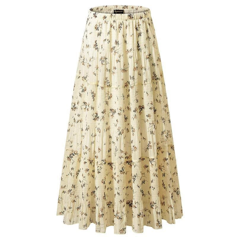 Women Floral Print Chiffon Maxi Skirt, Elastic High Waist Pleated A-Line Flared Long Skirt