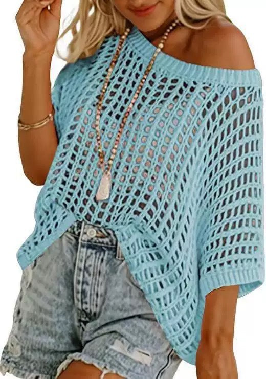 Women Hollow Out Knit Cover Up Top, Half Sleeve Mesh Beach Sweater, Off Shoulder Sheer Swim Cover Blouse