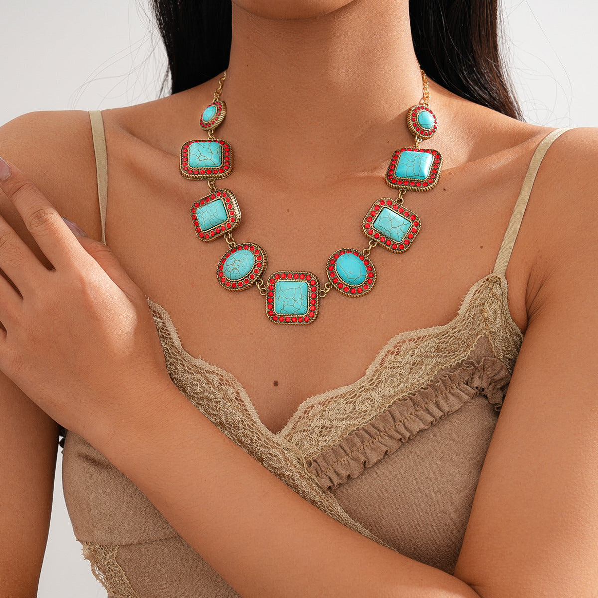 A193  Luxury High-Grade Ethnic Stone Rhinestone Necklace, Geometric Splicing Boho Vintage Sweater Chain