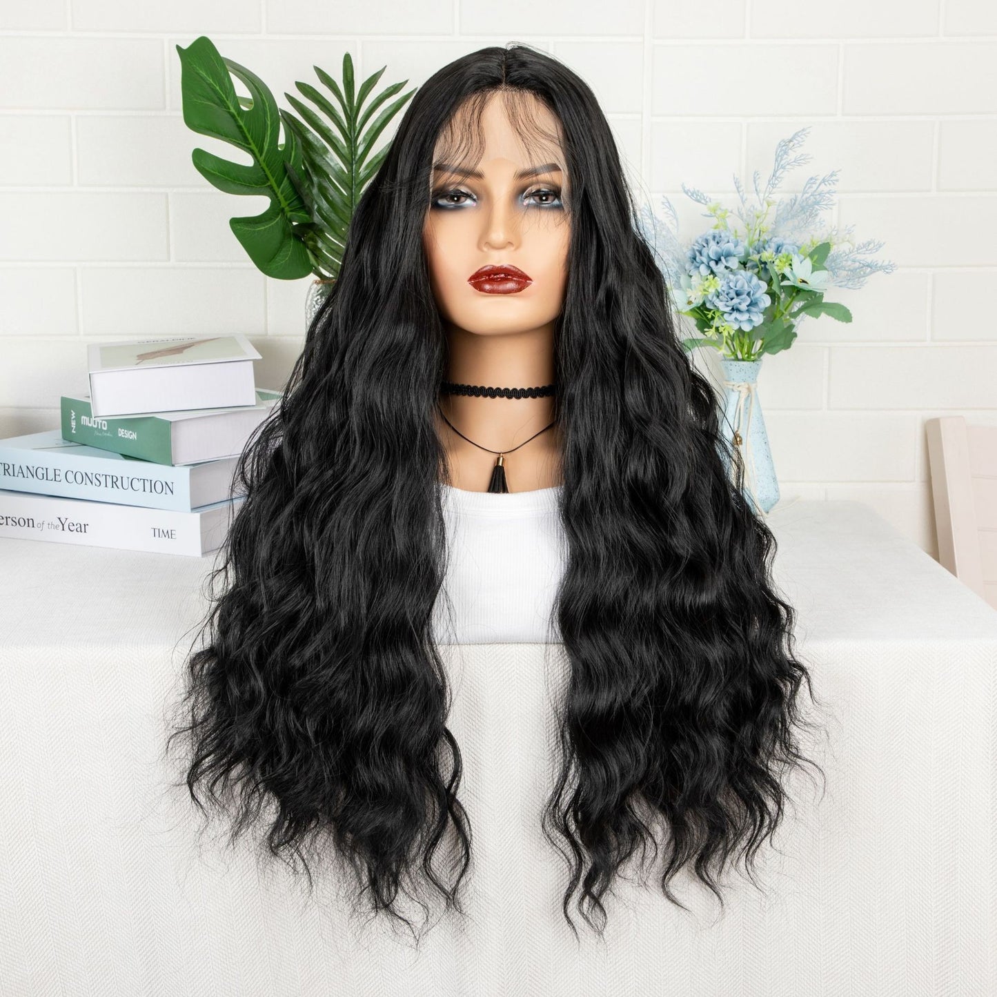 Lace Front Long Water Wave Wig, Natural Black & Brown Highlight Loose Curly Wig for Black Women