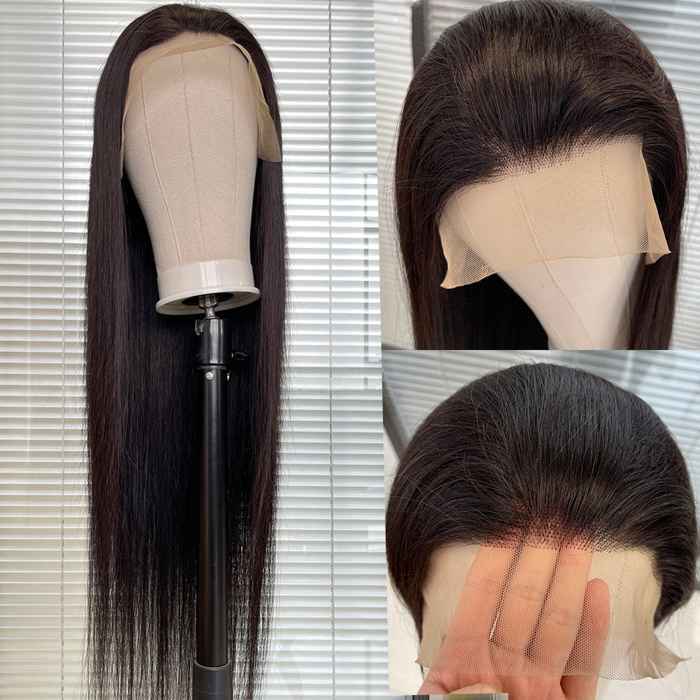 A185  Women Natural Black Middle Part Long Straight Wig with Bangs Fashion Hairpiece