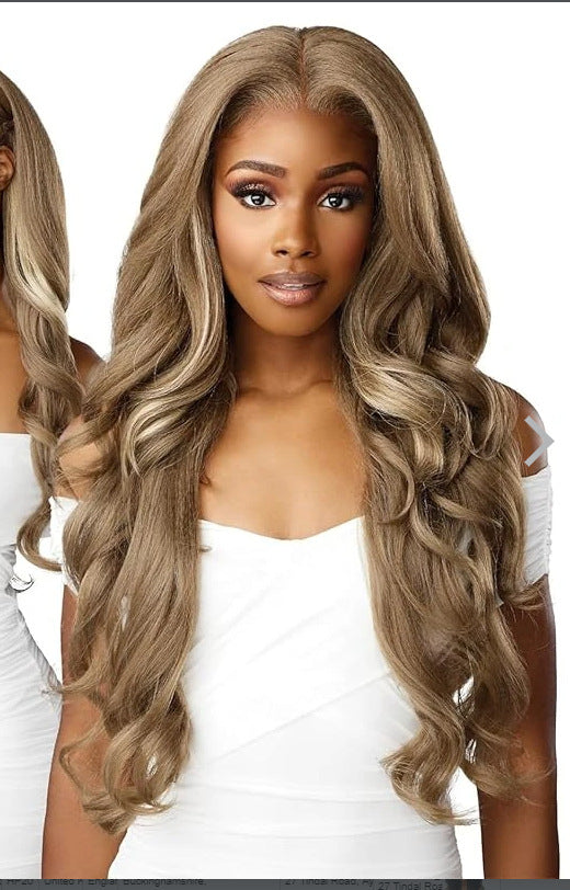 A226  Ombre Colored Middle Part Long Curly Wig, Lace Front Body Wave Synthetic Wig for Women