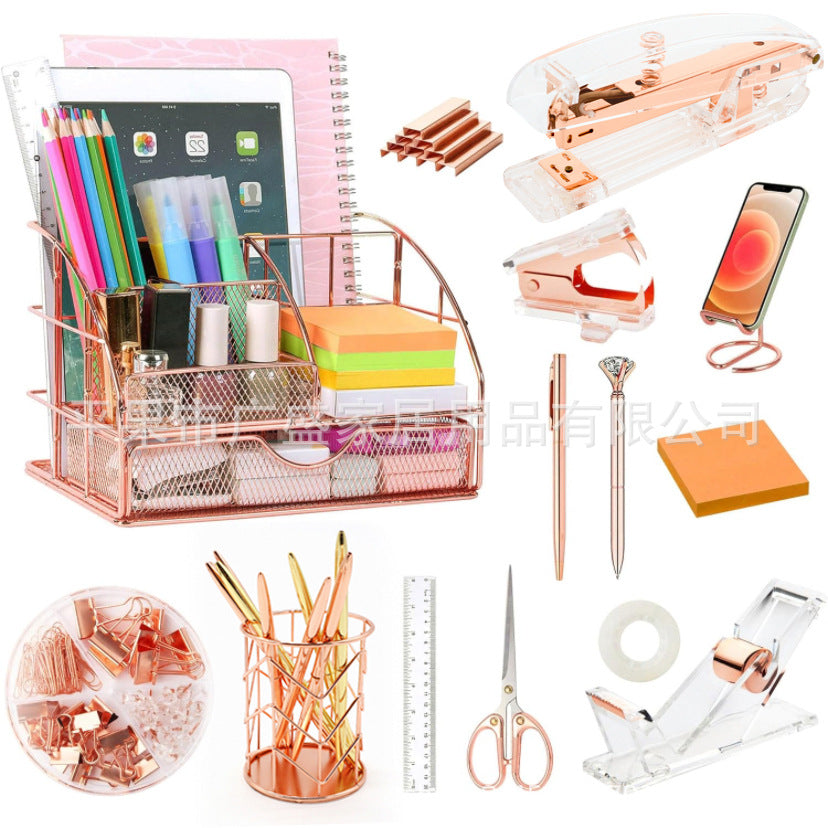 Rose Gold and Gold-Plated Office Desk Accessory Set, including an acrylic stapler set, staple remover, tape dispenser, 2 ballpoint pens, scissors, file folder, paper clips, staples, and storage box.