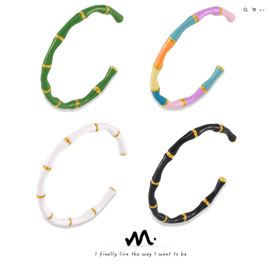 Dopamine Dressing Simple Versatile Jewelry, Enamel Weight Design Bamboo Shape Titanium Steel Open Cuff Bangle