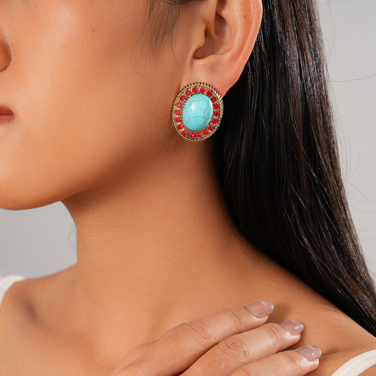 A193  Luxury High-Grade Ethnic Stone Rhinestone Necklace, Geometric Splicing Boho Vintage Sweater Chain