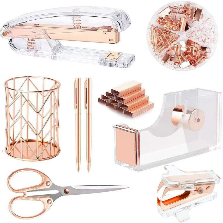 Rose Gold and Gold-Plated Office Desk Accessory Set, including an acrylic stapler set, staple remover, tape dispenser, 2 ballpoint pens, scissors, file folder, paper clips, staples, and storage box.