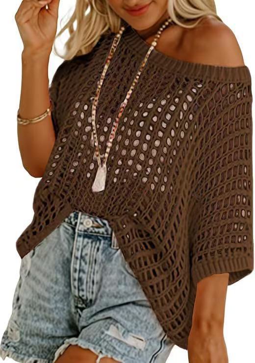 Women Hollow Out Knit Cover Up Top, Half Sleeve Mesh Beach Sweater, Off Shoulder Sheer Swim Cover Blouse