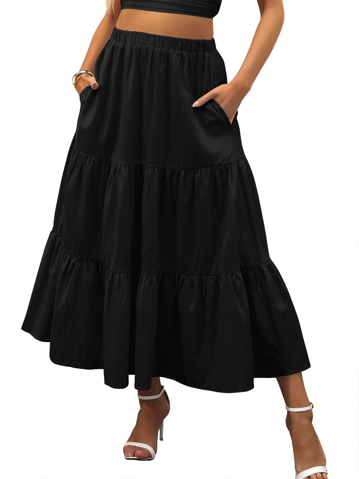 A367  Women's Summer Bohemian Pleated A-Line Flowy Layered Skirt with Pockets