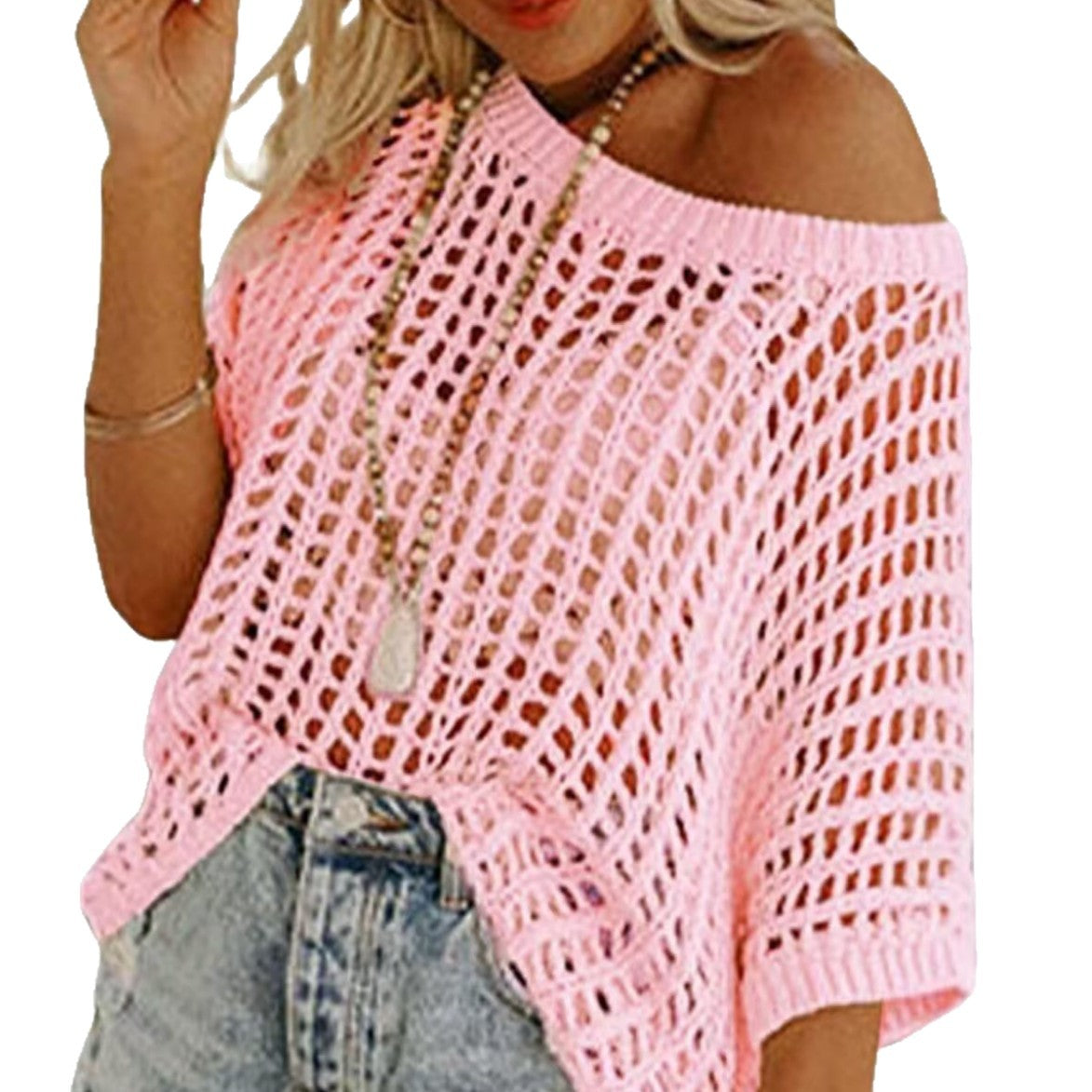 Women Hollow Out Knit Cover Up Top, Half Sleeve Mesh Beach Sweater, Off Shoulder Sheer Swim Cover Blouse