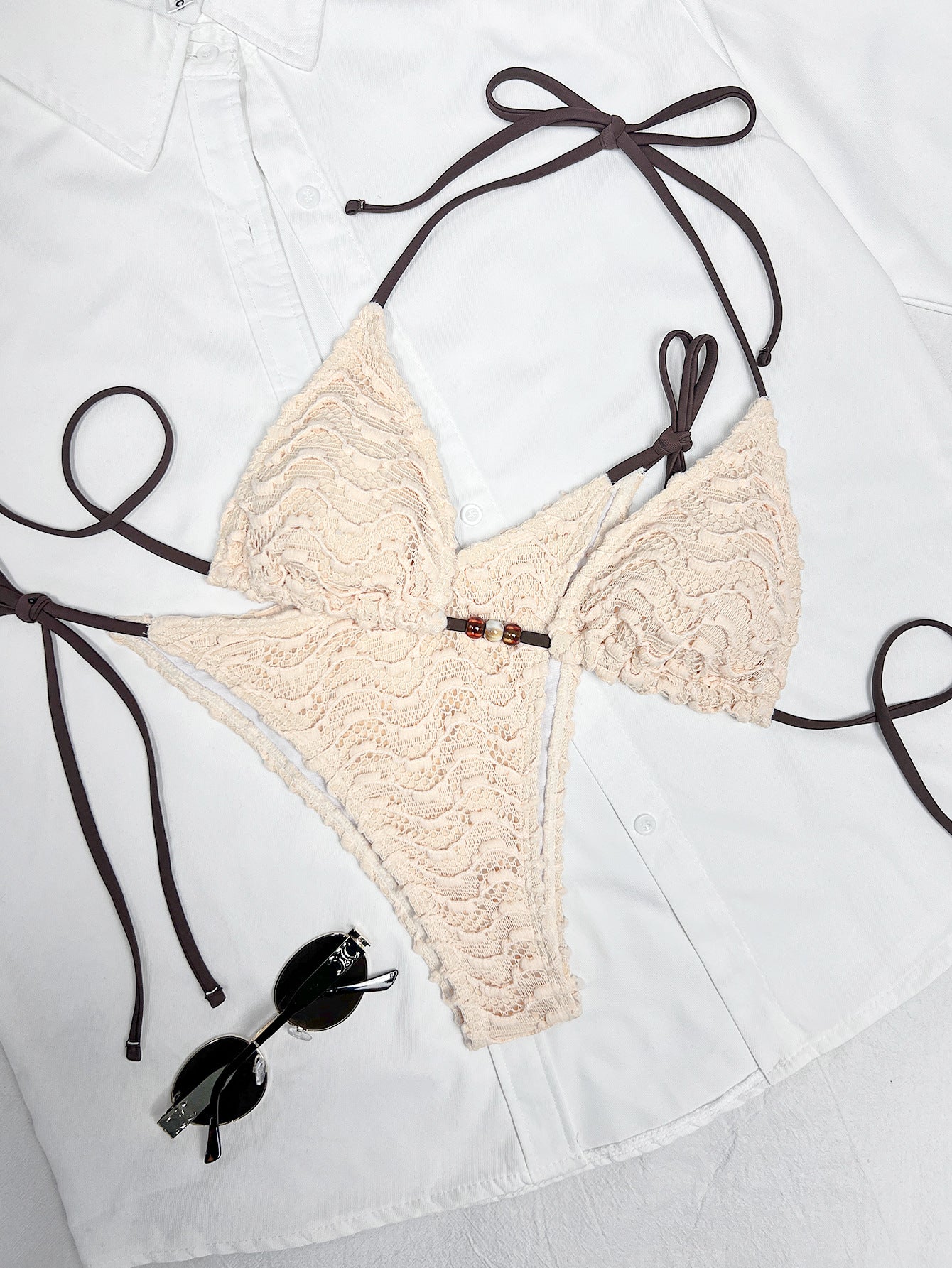 Beaded Halter Triangle Bikini Set, Textured Fabric Tie Side Two Piece Swimwear for Women
