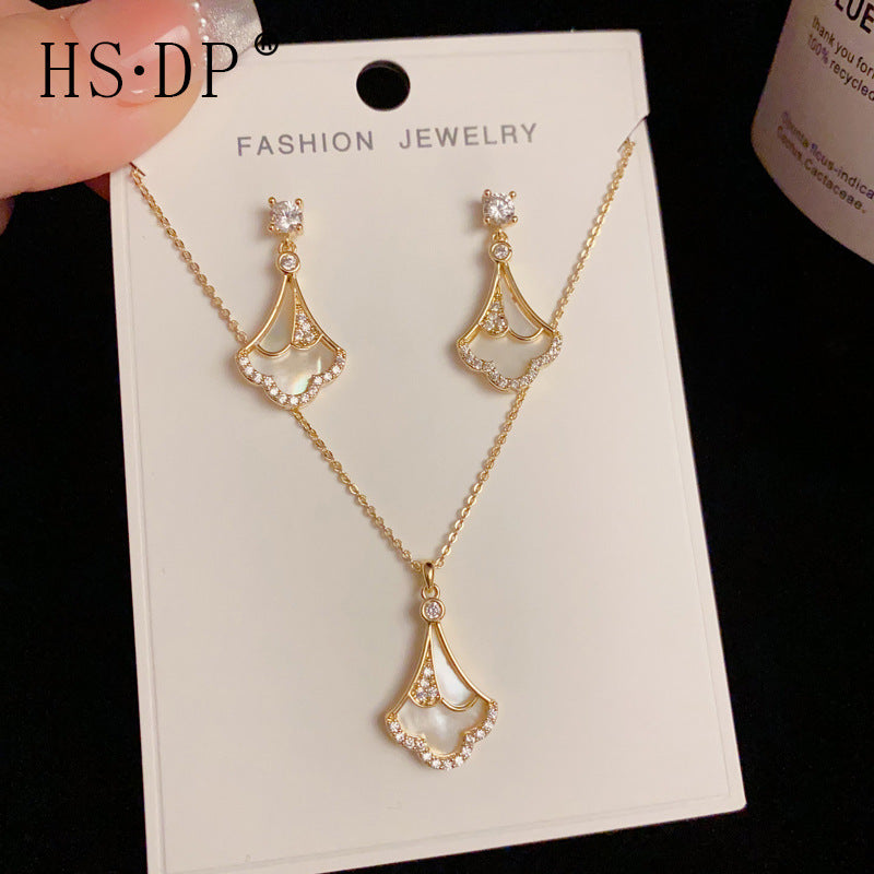 A155  Fashion Luxury Micro Inlaid Shell Skirt Set Earrings & Necklace, Unique Versatile Design Jewelry Set