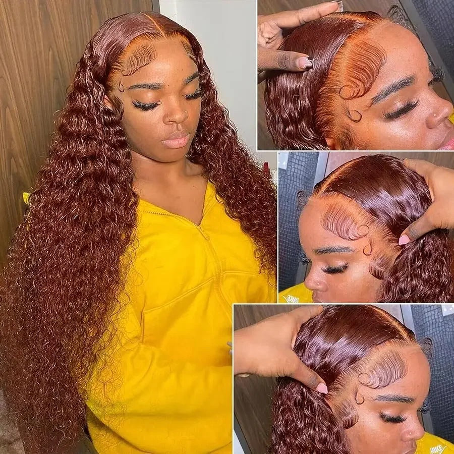A222  Reddish Brown Water Wave Lace Front Wig, African Women Long Curly Heat Resistant Wig