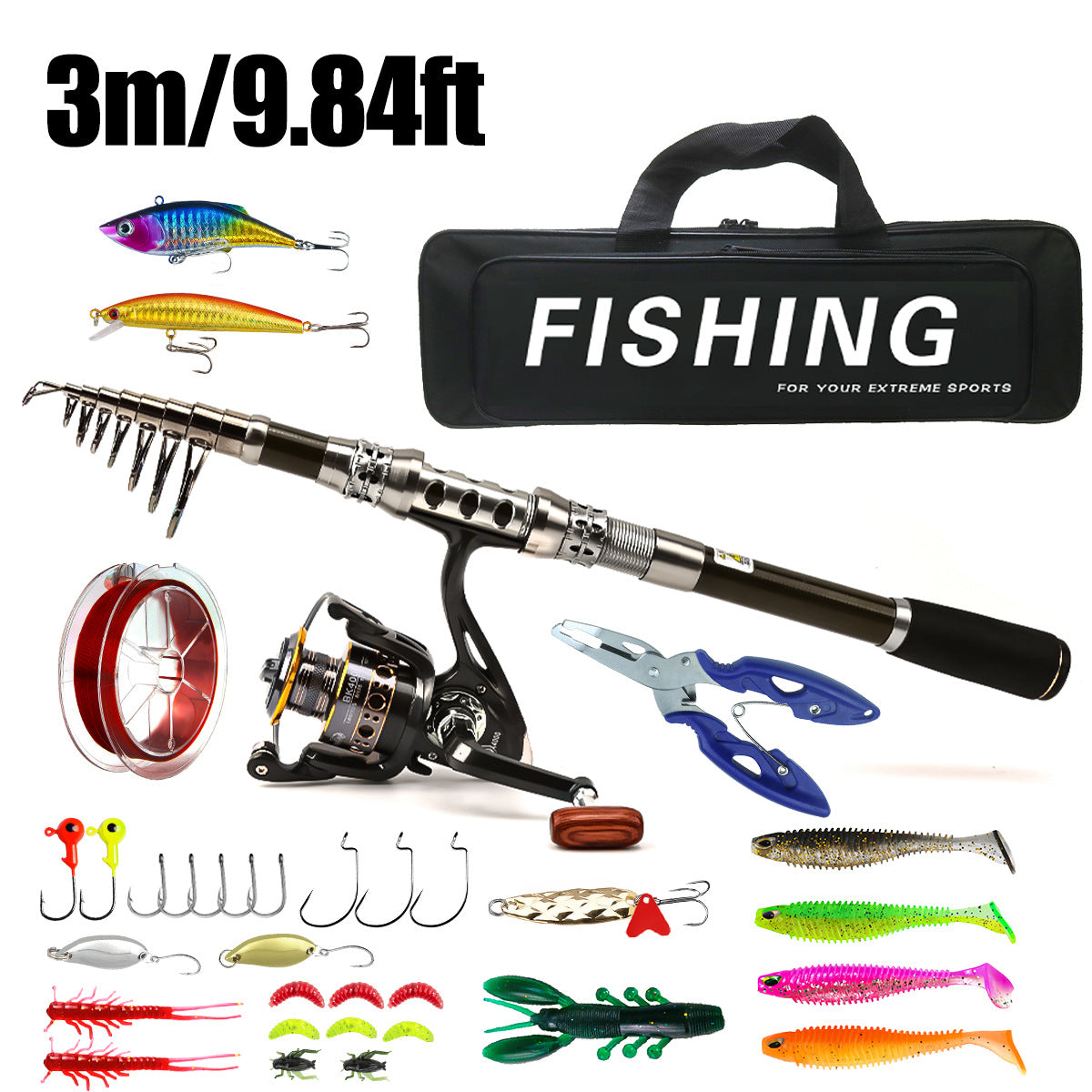 F349  Carbon Fiber Telescopic Fishing Rod and Reel Combo Portable Travel Fishing Kit for Saltwater Freshwater