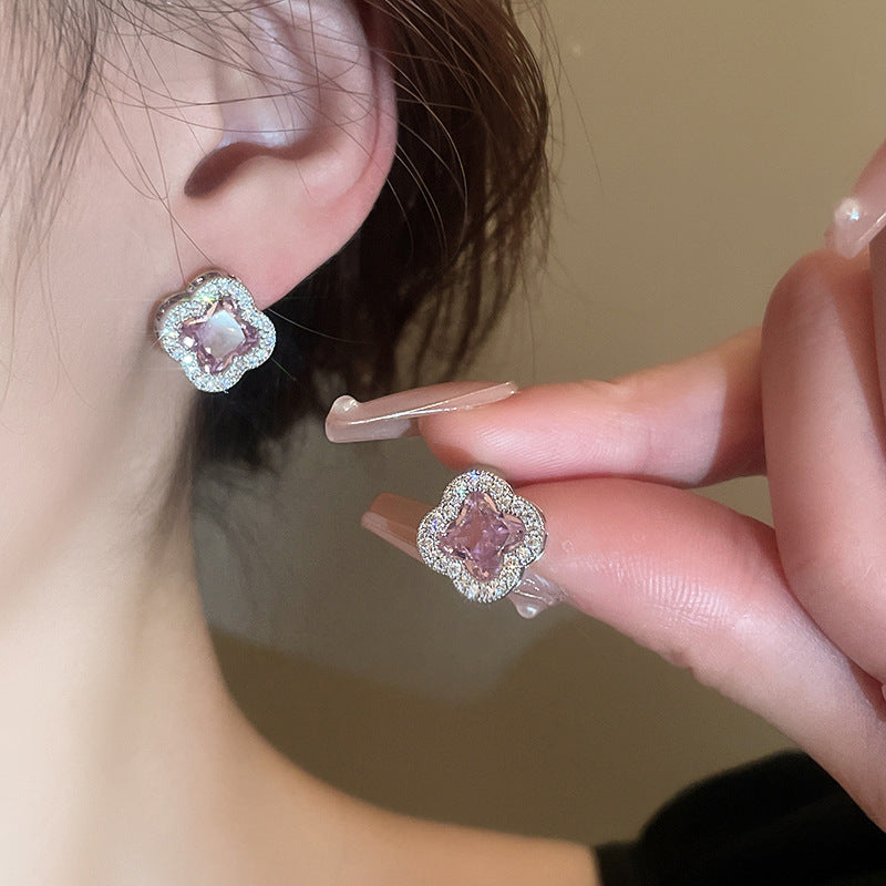 A198  Elegant Diamond Four-Leaf Flower Earrings, Pink Zircon Sterling Silver Needle Niche Style Ear Studs