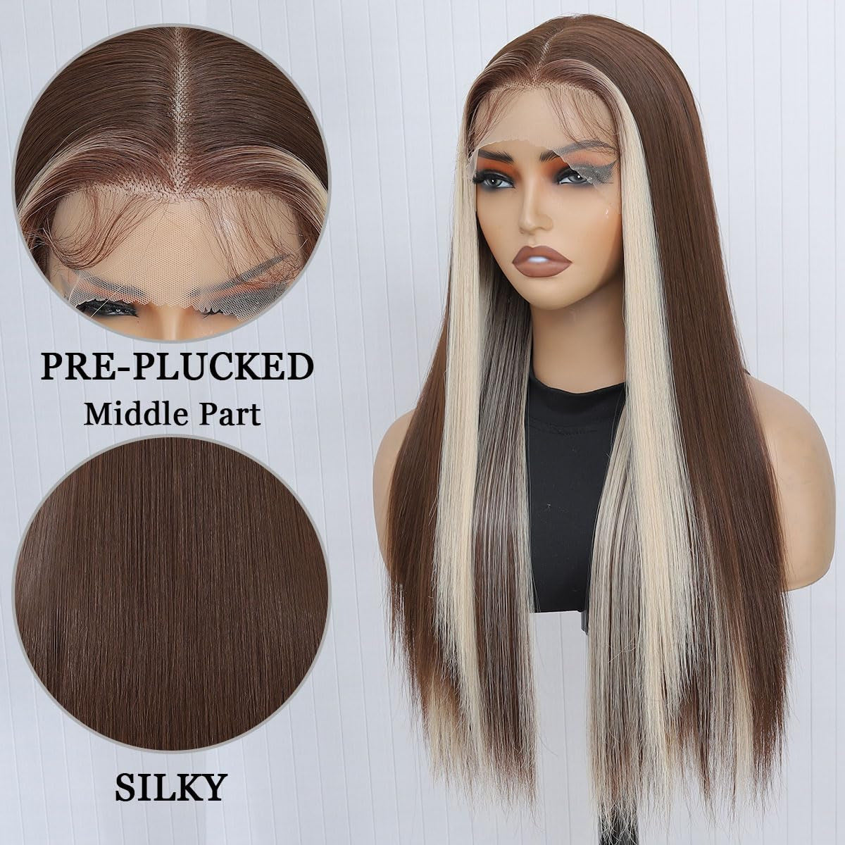 A225  Brown Blonde Highlight Middle Part Long Straight Wig, Lace Front Breathable Fashion Wig for Women