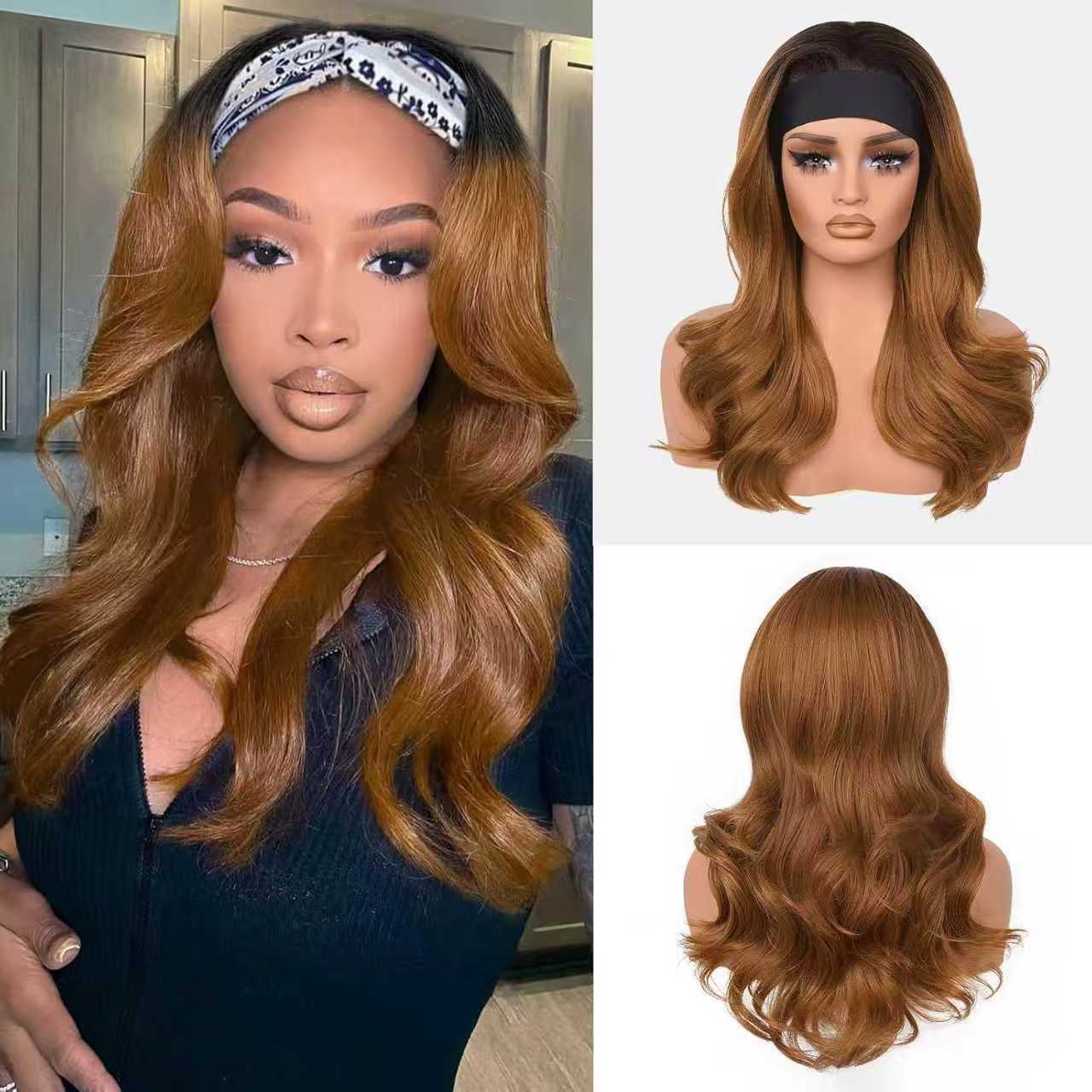 Headband Body Wave Synthetic Wig, Ombre Highlight Long Loose Curly Wig for Black Women Daily Styling