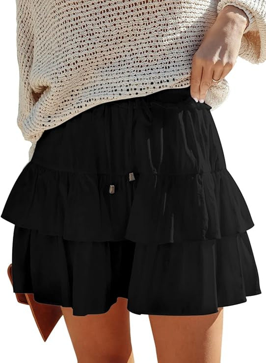 A370  Ladies Flowy Tiered Ruffle Mini Skirt High Waist Tie Waist Bohemian Skirt For Outdoor Vacation