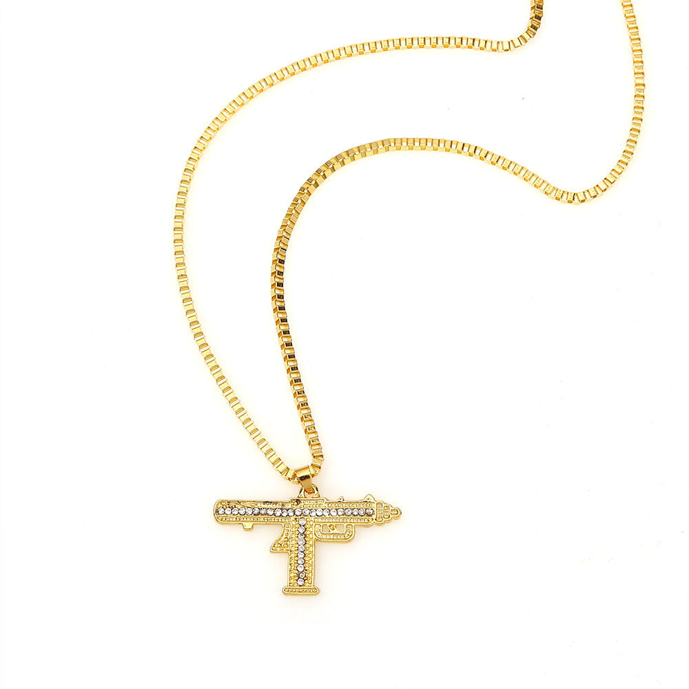 A142  Punk Trendy Iced Out Submachine Gun Necklace, Hip Hop Personality Machine Gun Pendant Jewelry