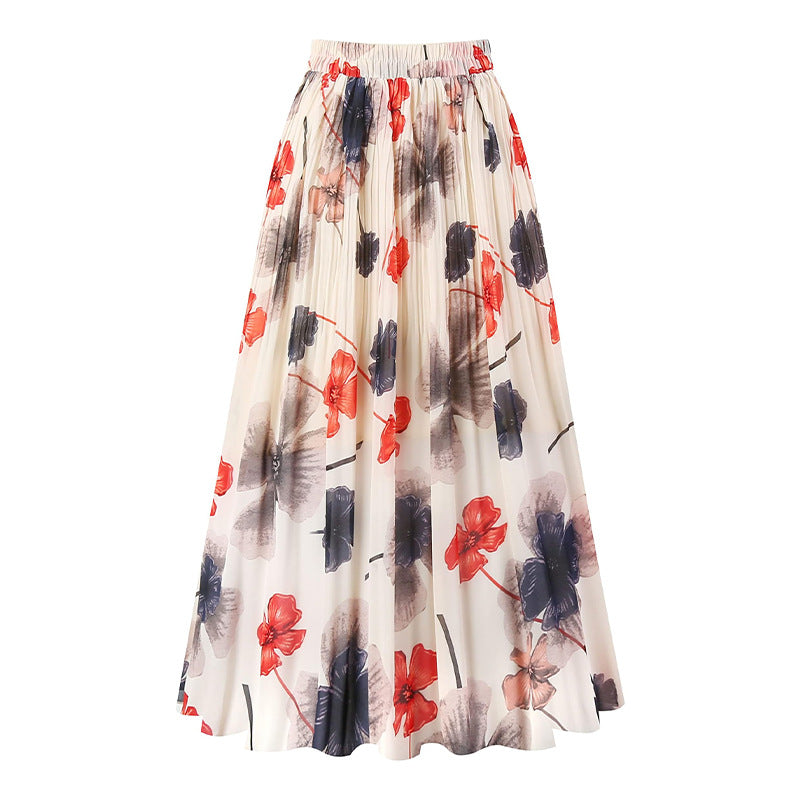 A369   Fashion Printed Chiffon Midi Skirt Women Elastic Waist Pleated Swing Skirt Elegant Lady Casual Wear