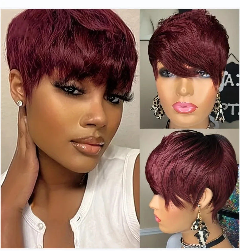 A232  Women Wine Red Short Curly Wig with Side Bangs, New Rose Net Synthetic Fashion Wig