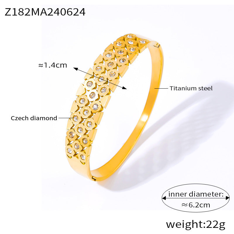 Chic Minimalist Geometric Hollow Bangle Titanium Steel Gold Plated Zircon Inlaid Elegant Fashion Jewelry Gift for Women