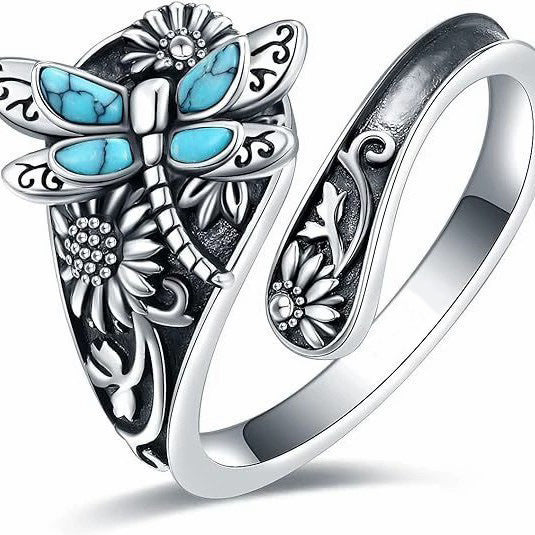 A359  New Bohemian Turquoise Dragonfly Sunflower Ring Vintage Western Style Adjustable Wrap Band Women Gift Jewelry