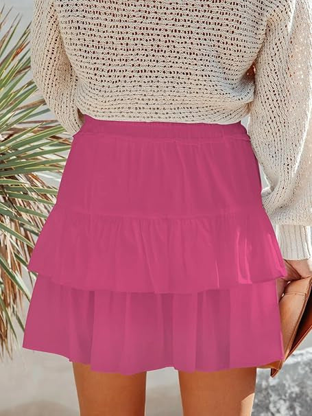 A370  Ladies Flowy Tiered Ruffle Mini Skirt High Waist Tie Waist Bohemian Skirt For Outdoor Vacation
