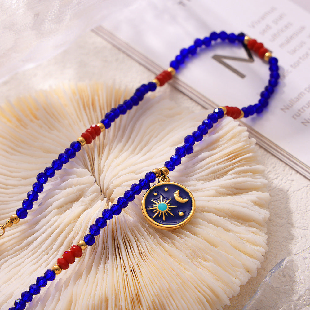 Starry Sky Glazed Titanium Steel Pendant Necklace, Blue Red Crystal Handmade Woven Unique Design Jewelry for Women