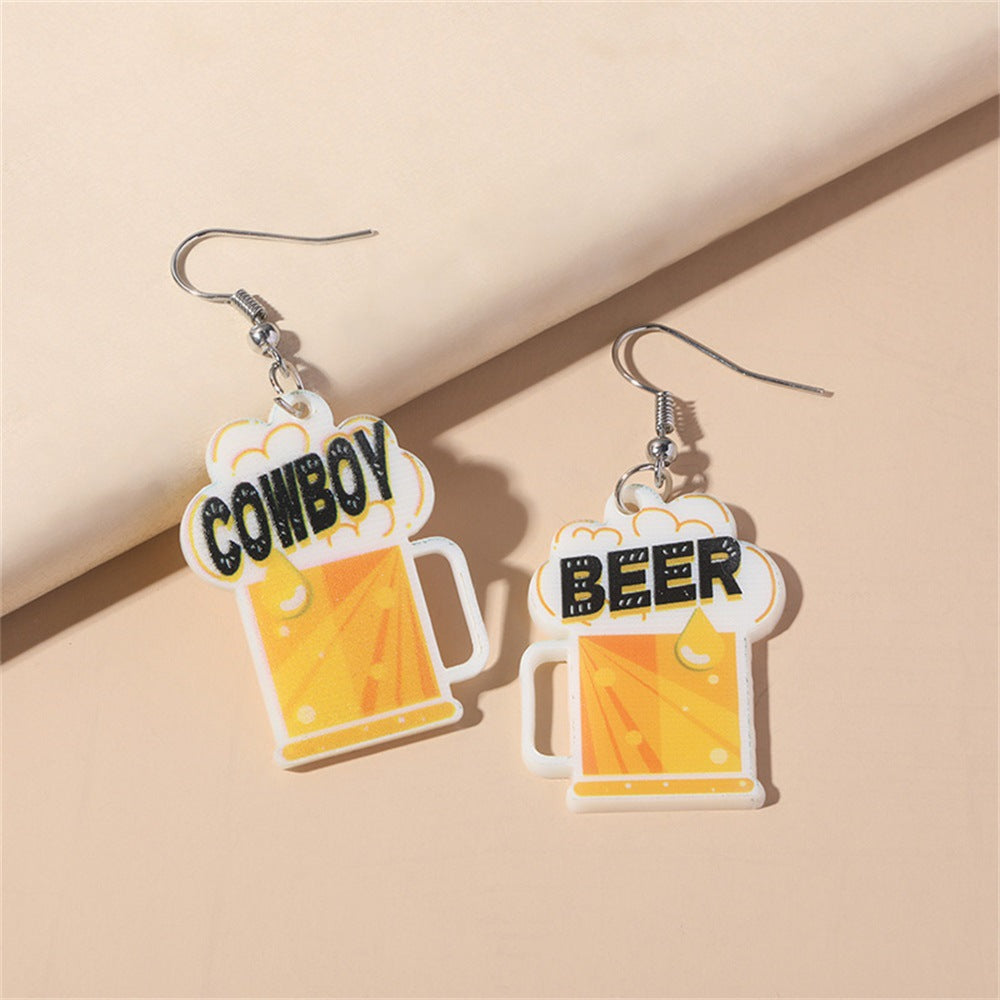 Western Cowboy Beer Mug Earrings, Eco-Friendly Acrylic New Personality Earrings